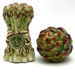 Fitz and Floyd Giardino Ceramic Asparagus Artichoke Majolica Salt Pepper Shakers